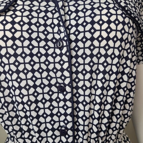 Enfocus Studio Dress Womens Size 4 Blue White Geometric Short Sleeve Drawstring - Picture 2 of 7